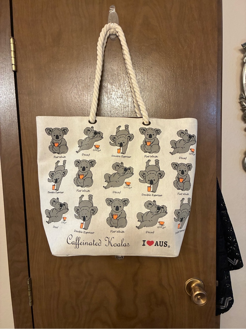 Caffeinated Koalas Canvas Tote Bag - Cream with Gray Koala Print